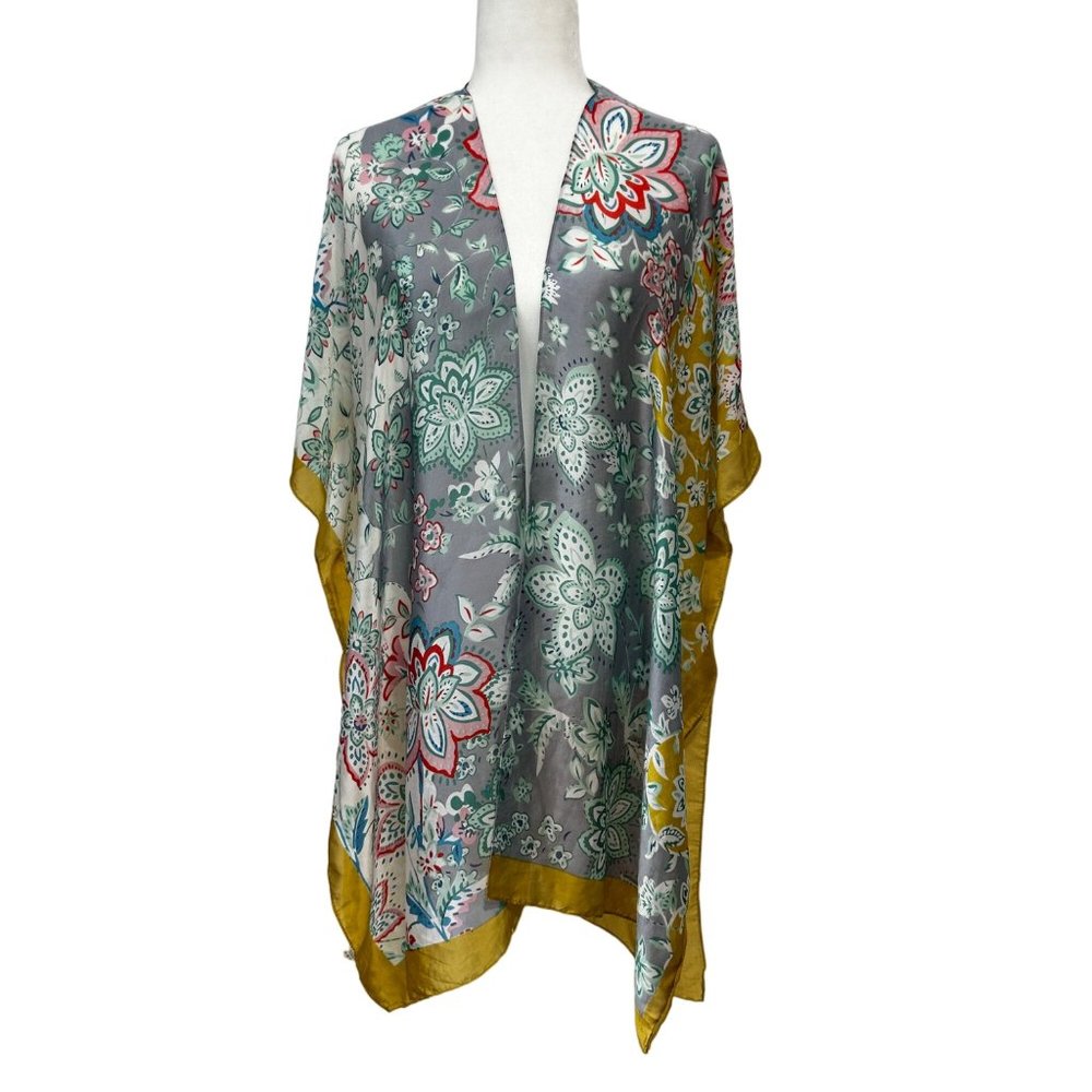 Pretty Persuasions Satin Kimono Poncho Floral Bohemian Colorful Polyester Flowy